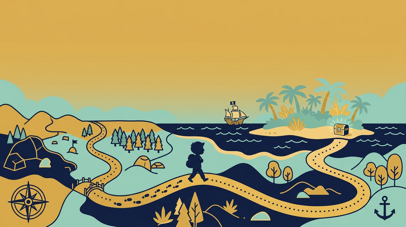 Illustration d'exemple de la chasse au trésor : un enfant avance vers une île au trésor